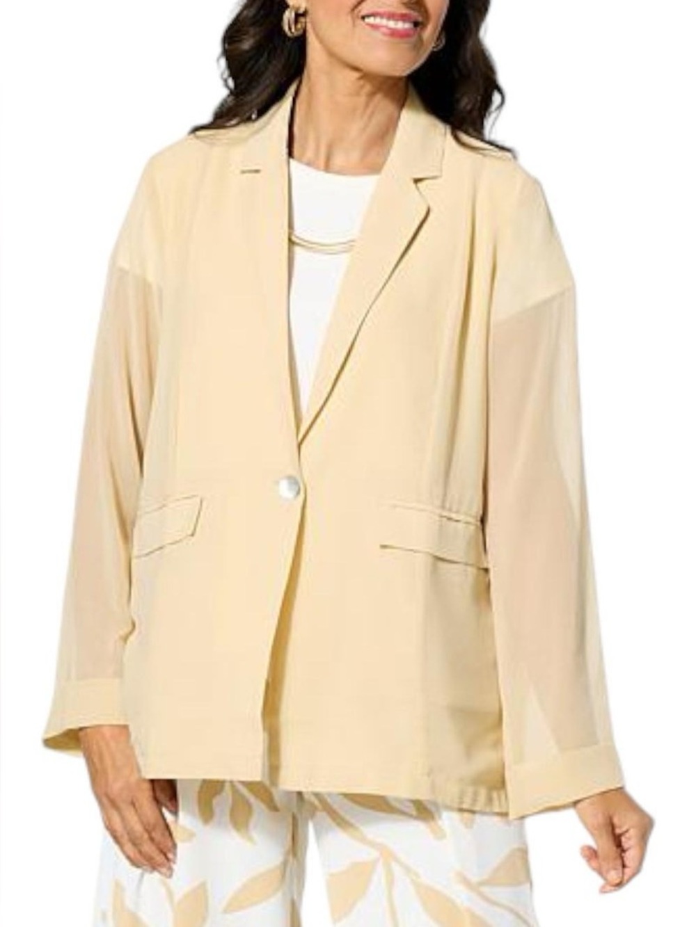 MarlaWynne Light Cream Single-Button Sheer Chiffon Blazer